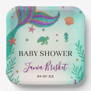 Glitter Turquoise Mermaid Baby Shower Paper Plates