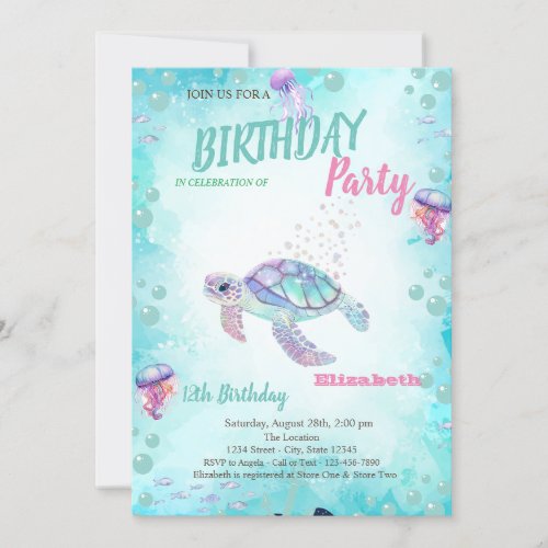 Glitter Turtle Sea Summer Birthday Party  Invitation
