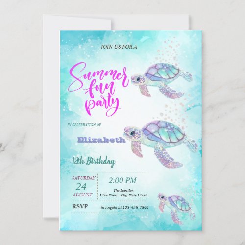 Glitter Turtle Sea Summer Birthday Party  Invitation