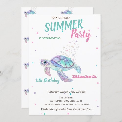 Glitter Turtle Summer Birthday  Invitation