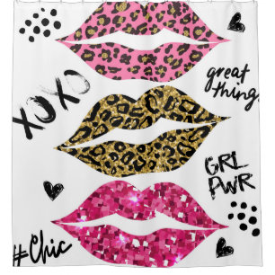 Glitter typography print with lips pattern shower curtain