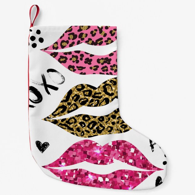 Glitter typography print with lips pattern small christmas stocking (Front)