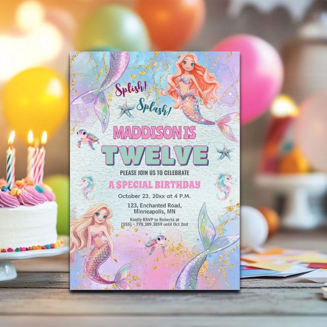 Glitter Under the Sea Mermaids 12th Birthday Party Invitation (Creator Uploaded)
