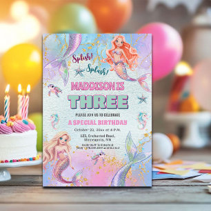Glitter Under the Sea Mermaids 3rd Birthday Party Invitation