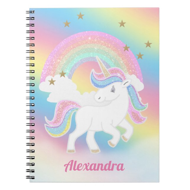 Glitter Unicorn and Rainbow with Personalized Name Notebook (Front)