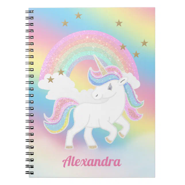 Glitter Unicorn and Rainbow with Personalized Name Notebook | Zazzle