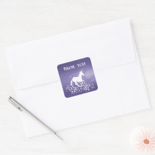 Glitter Unicorn and Stars Thank You Purple Square Sticker