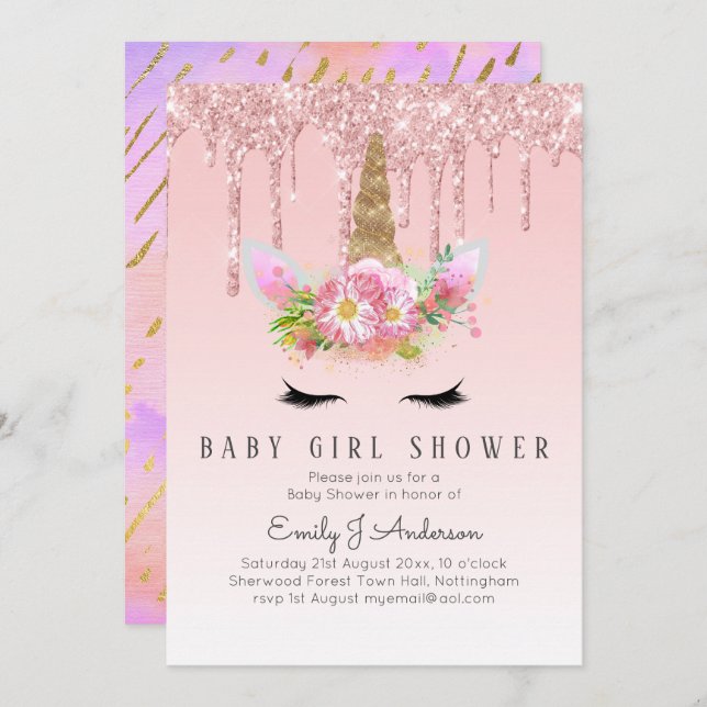 GLITTER UNICORN Baby GIRL Shower Pink Gold Invitation (Front/Back)
