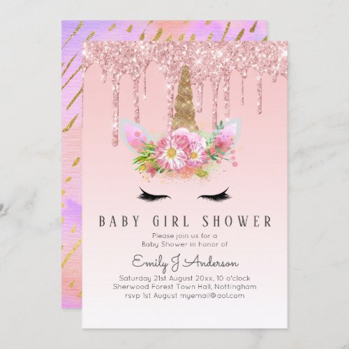 GLITTER UNICORN Baby GIRL Shower Pink Gold Invitation
