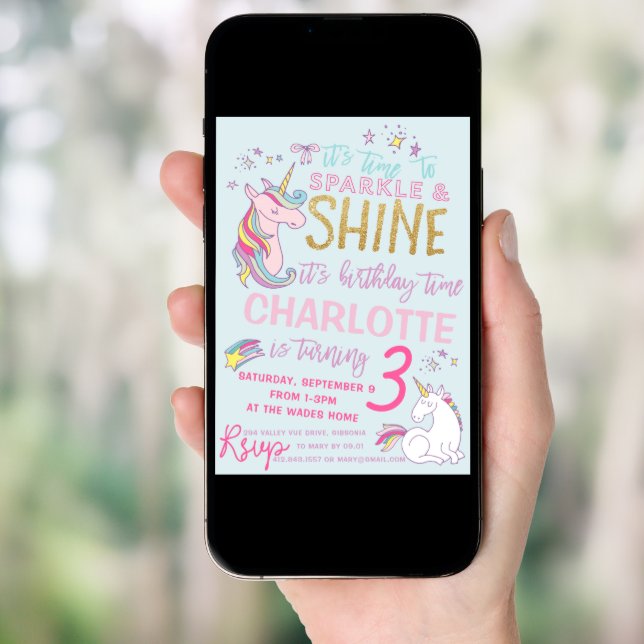 Glitter Unicorn Birthday Invitation (Front Digital)