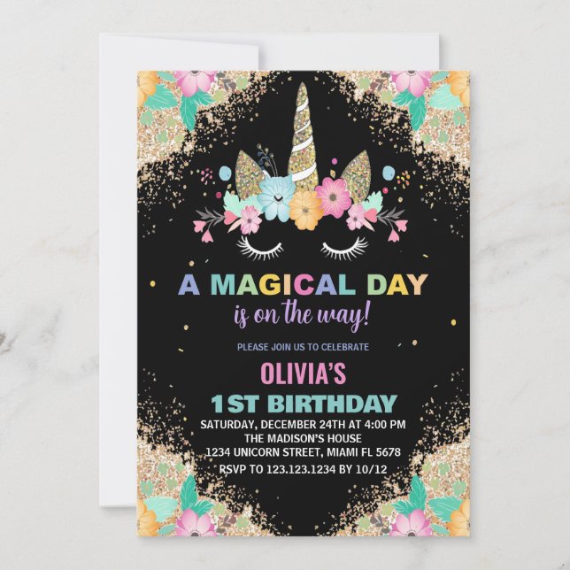 Glitter Unicorn Birthday Invitations (Front)
