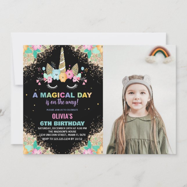 Glitter Unicorn Birthday Invitations with photo (Front)