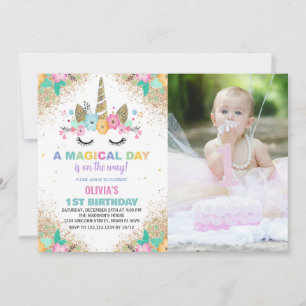 Glitter Unicorn Birthday Invitations with photo