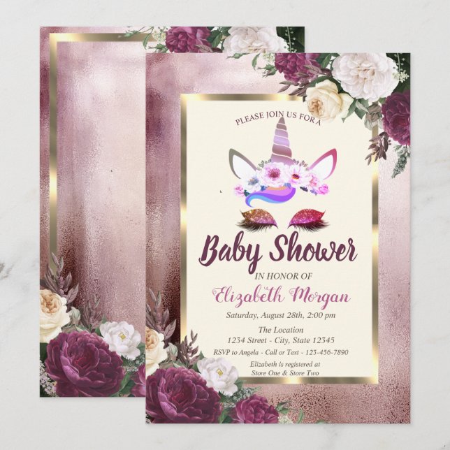 Glitter Unicorn,Bokeh,Burgundy Floral Baby Shower Invitation (Front/Back)