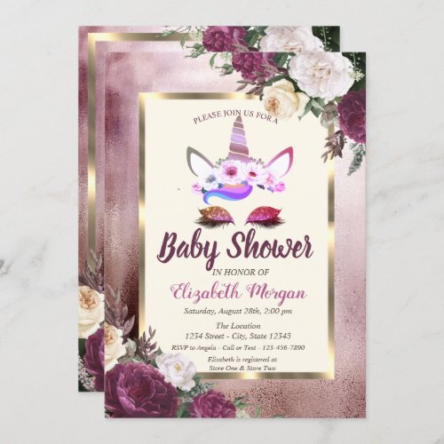 Glitter UnicornBokehBurgundy Floral Baby Shower Invitation
