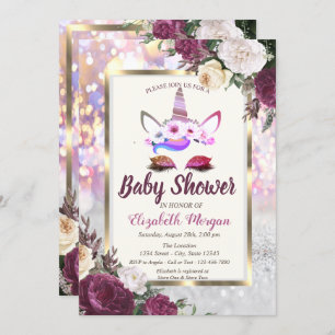 Glitter Unicorn,Burgundy Floral Baby Shower Invitation