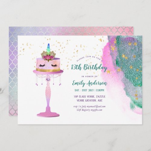 Glitter Unicorn Cake Pink Gold Foil 13th Birthday Invitation