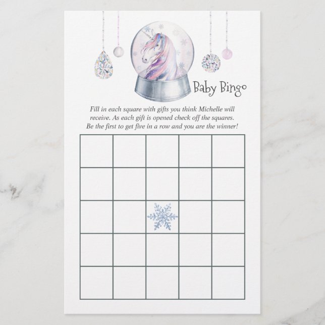 Glitter Unicorn Christmas Baby Shower Bingo (Front)