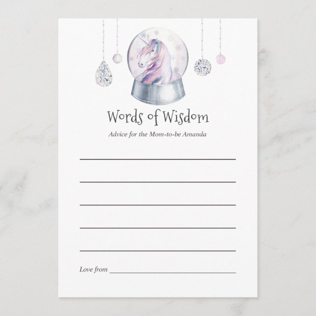Glitter Unicorn Christmas Baby Shower Mom Advice Card (Front)