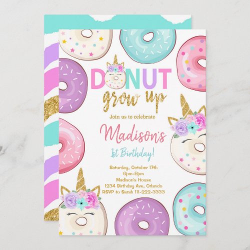 Glitter Unicorn Donuts Birthday Invitation