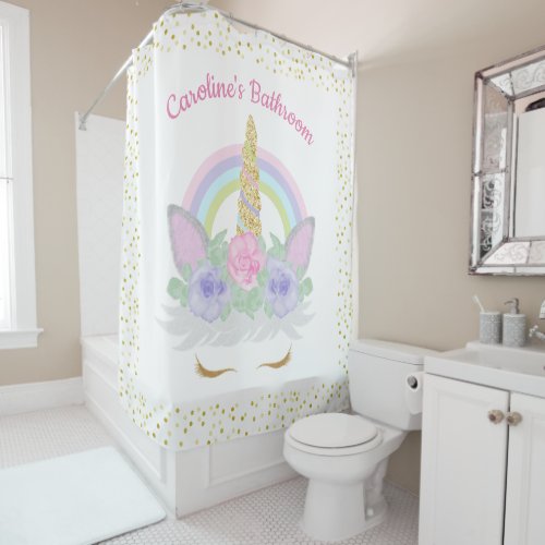 Glitter Unicorn Face Pastel Rainbow Girls Bathroom Shower Curtain