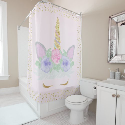 Glitter Unicorn Face Pink Gold Girls Bathroom Shower Curtain