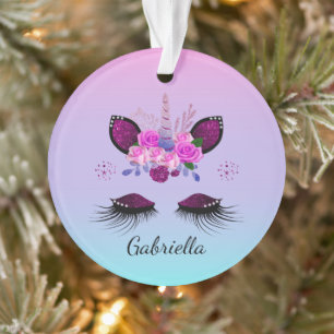 Glitter Unicorn Face With Eyelashes Personalized Ornament