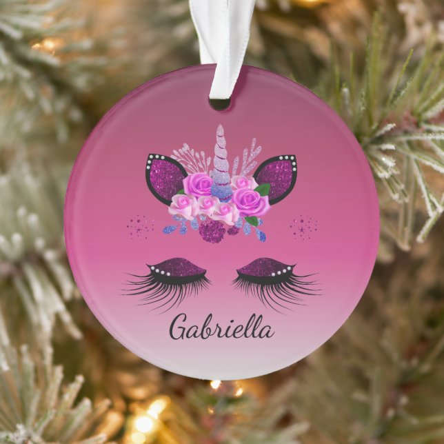 Glitter Unicorn Face With Eyelashes Personalized Ornament (Tree)