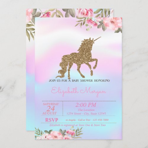 Glitter Unicorn Floral Holographic Baby Shower Invitation