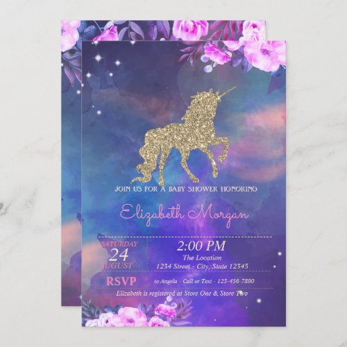 Glitter Unicorn Floral Watercolor  Baby Shower Invitation