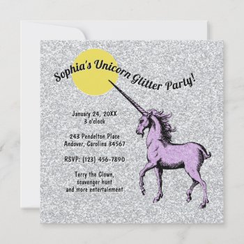 Glitter Unicorn Girls Birthday Party Violet Invite by kidslife at Zazzle
