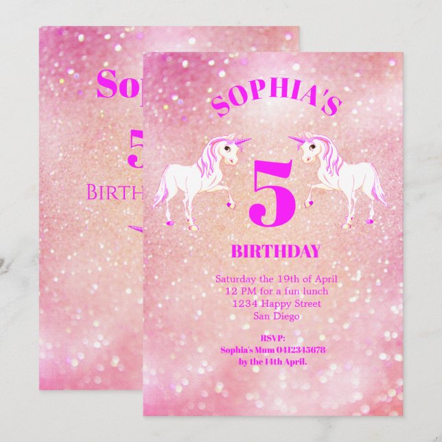 Glitter Unicorn Magical Pink Cute  Birthday Invitation (Front/Back)