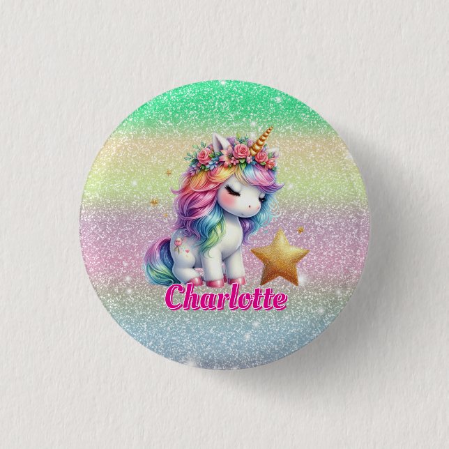 Glitter unicorn magical star  button (Front)
