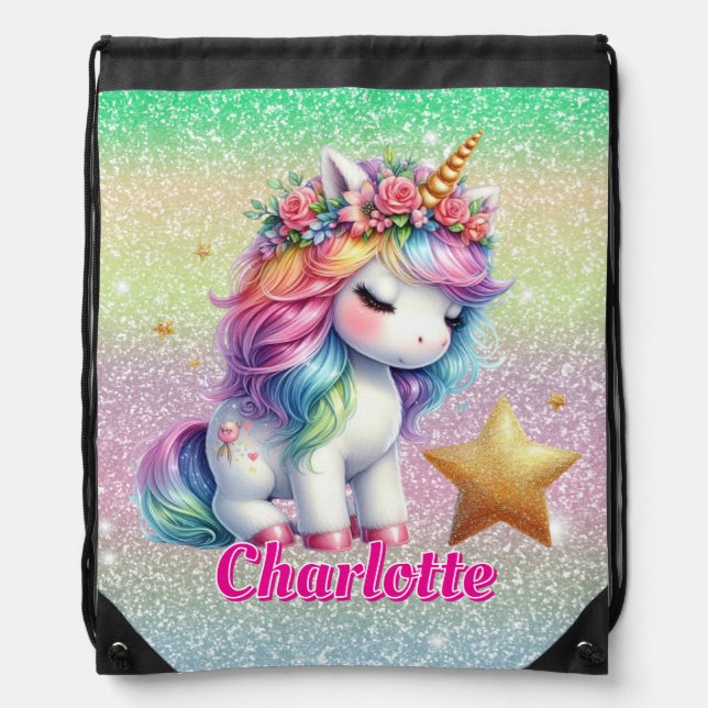 Glitter unicorn magical star  drawstring bag (Front)
