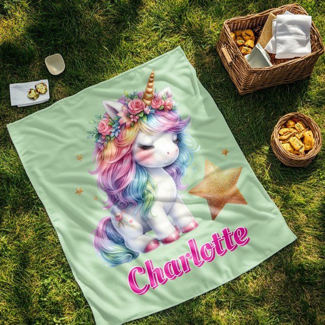 Glitter unicorn magical star lime green fleece blanket (Creator Uploaded)