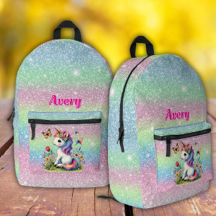 Glitter unicorn meadow flowers  printed backpack