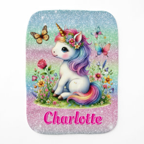 Glitter unicorn meadow wildflowers  baby burp cloth