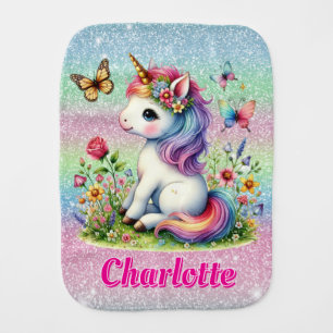 Glitter unicorn meadow wildflowers baby burp cloth