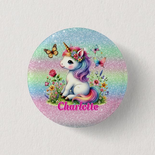 Glitter unicorn meadow wildflowers  button (Front)