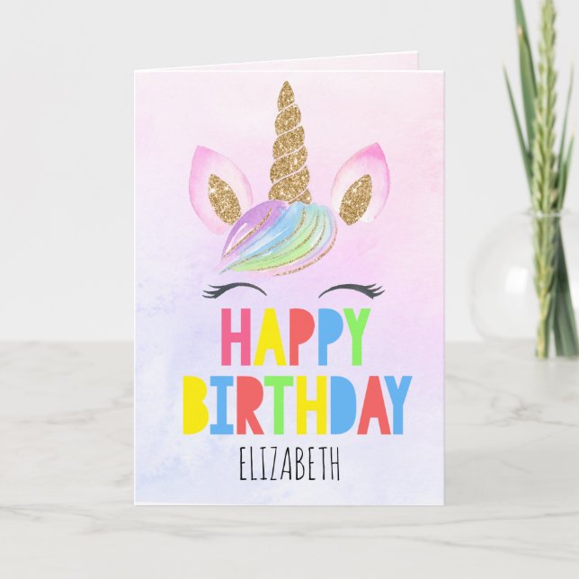 Glitter Unicorn Personalized Girl Happy Birthday Card (Front)