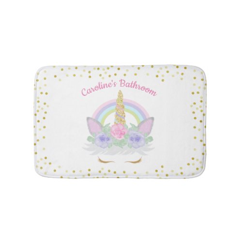 Glitter Unicorn Pink  Gold Rainbow Girls Bath Mat