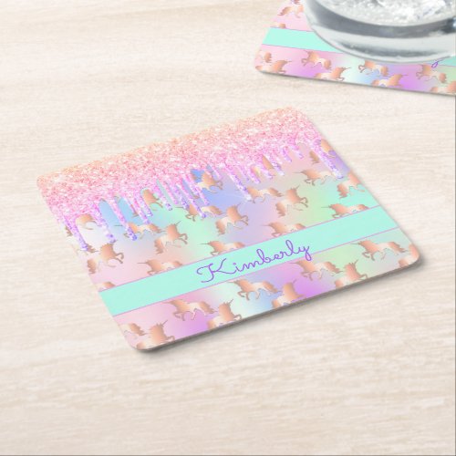 Glitter unicorn pink iridescent rose gold birthday square paper coaster