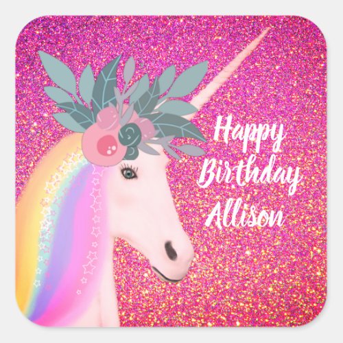 Glitter Unicorn Pink Sparkle Floral Happy Birthday Square Sticker