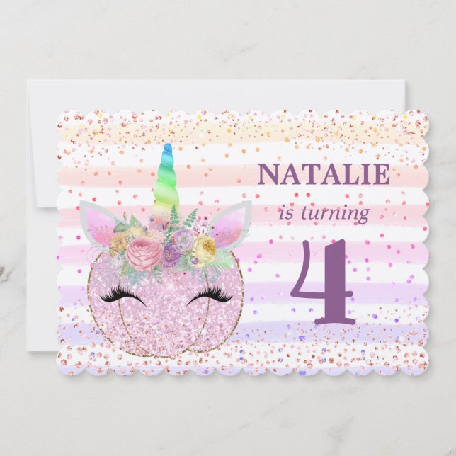 Glitter Unicorn Pumpkin Girls 4th Birthday Invitation (Front)