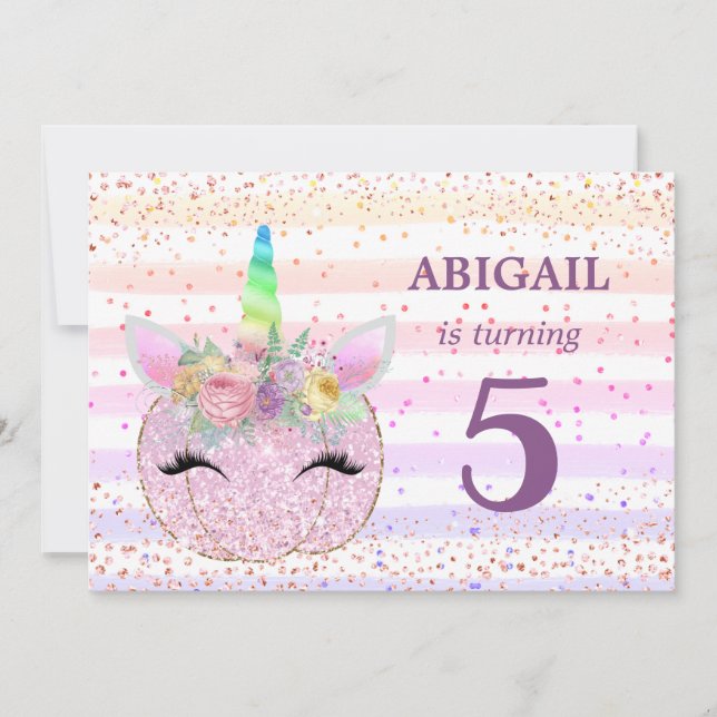 Glitter Unicorn Pumpkin Girls 5th Birthday Invitation (Front)