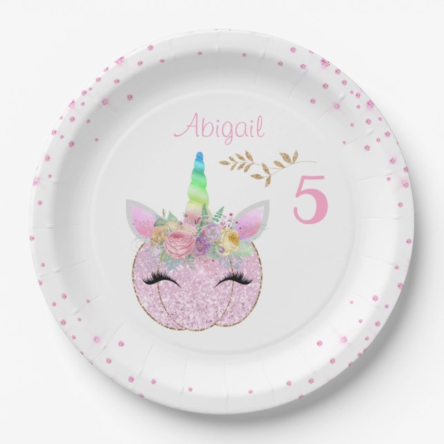 Glitter Unicorn Pumpkin Girls 5th Birthday Paper Plates (Front)