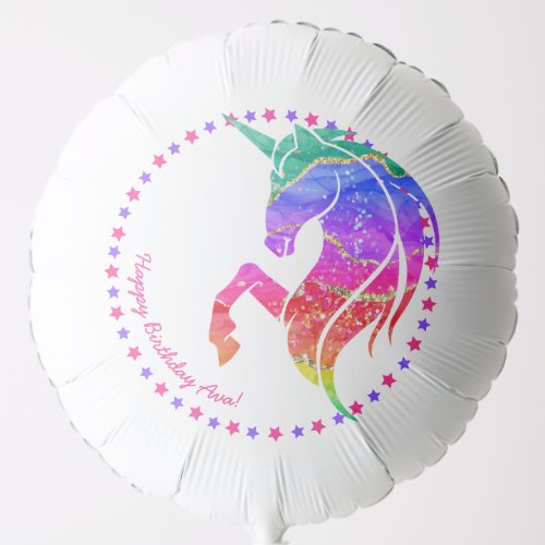 Glitter Unicorn Rainbow First Name Happy Birthday Balloon