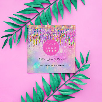 Glitter Unicorn Rainbow Holograph Drip Qrcodelogo  Square Business Card by luxury_luxury at Zazzle