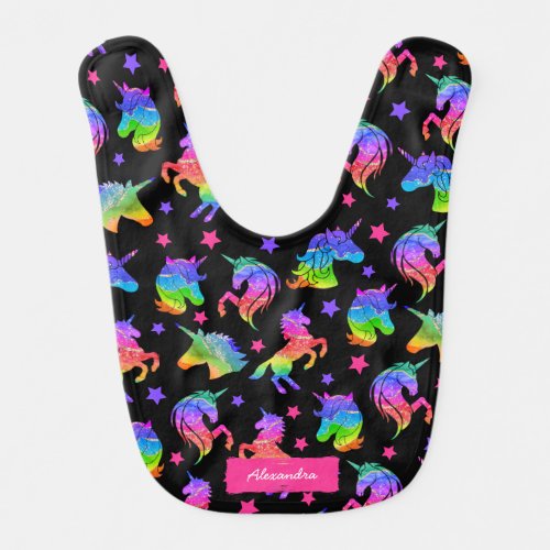 Glitter Unicorn Rainbow Pattern with First Name Baby Bib