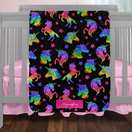Glitter Unicorn Rainbow Pattern with First Name Baby Blanket